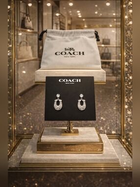 COACH Crystal Pavé Horseshoe Drop Earrings - Silver Tone & Dustbag